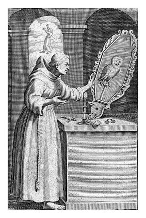 Second title page for the book by Jacob Lydius, De Romane Uilenspiegel. On a pedestal are glasses and a crucifix, and there is a candlestick and a large mirror in which an owl is visible.