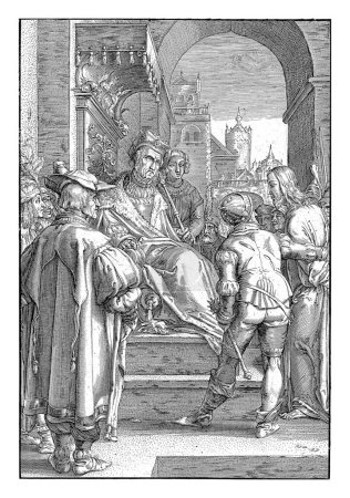 Foto de Cristo es llevado ante Pilato, que está sentado en un trono. - Imagen libre de derechos