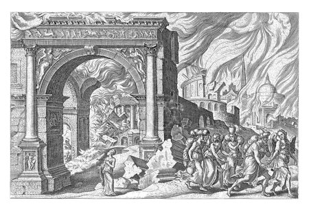 Loth and his family flee through the city gate, accompanied by two angels. Behind the gate is the burning city of Sodom.
