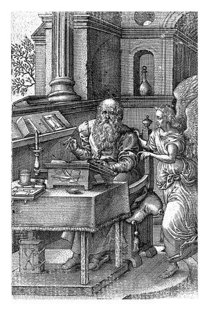 Foto de Evangelista Mateo, Johannes Wierix, después de Pieter van der Borcht (I), 1573 El evangelista Mateo en su estudio. Su atributo el ángel pone su mano en el hombro de Mateo. - Imagen libre de derechos