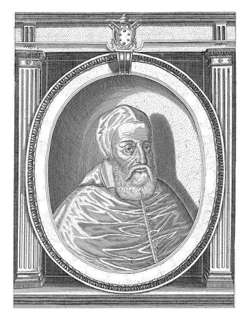 Téléchargez les photos : Portrait du pape Léon XI vêtu des robes papales, tête avec un camauro. Buste à droite dans un cadre ovale avec lettrage bord. - en image libre de droit