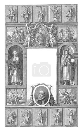 Photo for Allegorical representation of the principalities of the world, Adriaen Matham, after David Vinckboons (I), 1652 A laurel wreathed portrait of Maurice, Prince of Orange. - Royalty Free Image