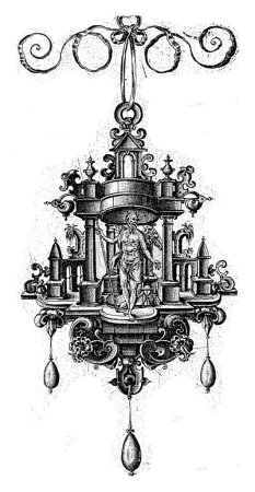 Foto de Colgante (pendeloque) con Time, H. Collaert, después de Monogrammist EVG, 1555 - 1576 Una de las 9 hojas, de una serie de 12. Seis hojas tienen una figura en el nicho. Tres perlas cuelgan de cada colgante. - Imagen libre de derechos