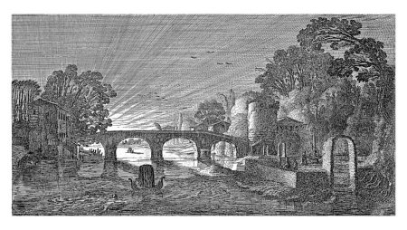 Téléchargez les photos : Vue sur la rivière au coucher du soleil, Jan van de Velde (II), 1639 - 1641 Vue sur la rivière au coucher du soleil. Au milieu se trouve un pont en pierre. Sur la gauche deux figures de natation et sur la droite des figures conversantes dans un jardin. - en image libre de droit
