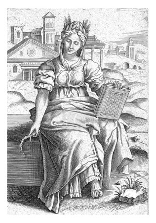 Photo for The Libyan Sibyl sitting with a book in her left hand and a sickle-shaped tool in her right hand. In the background a building with a tower and colonnade in a landscape - Royalty Free Image