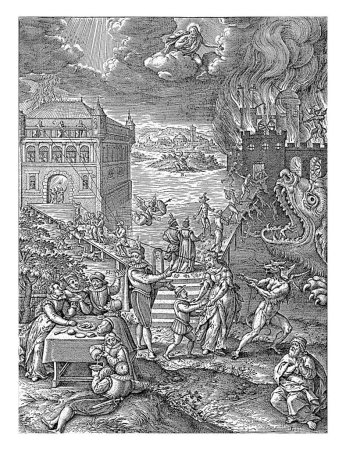 Foto de Broad and the Narrow Road, Hieronymus Wierix, 1563 - antes de 1619 En primer plano una fiesta celebrando en una mesa (izquierda) y un hombre de oración (derecha). - Imagen libre de derechos