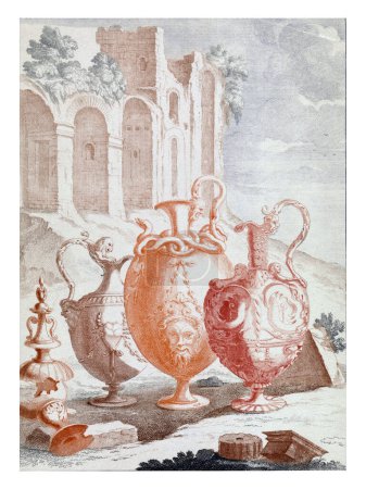 Téléchargez les photos : Paysage avec ruines et vases, anonyme, 1688-1698 Paysage avec une ruine en arrière-plan et quatre vases ornementaux au premier plan. - en image libre de droit