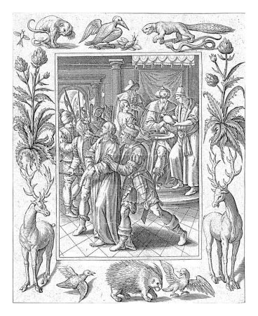 Foto de Pilato se lava las manos en inocencia, Antonie Wierix (II), después de Maerten de Vos, 1582 - 1586 Cristo es sentenciado a muerte y llevado lejos. Pilato se lava las manos en inocencia. - Imagen libre de derechos