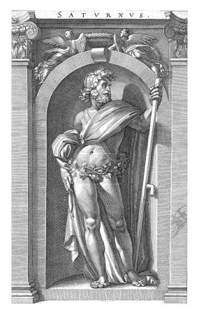 Saturn, in einer Nische stehend, eine Sense in der linken Hand. Unter der Performance eine dreizeilige lateinische Bildunterschrift.