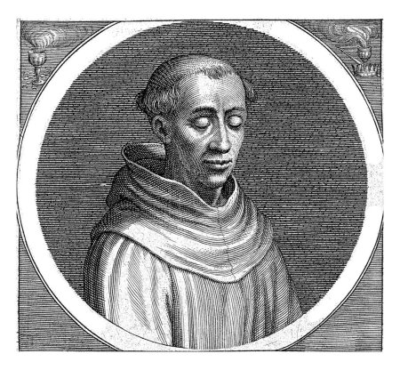 Foto de Retrato del teólogo Adam Sasbout, que murió a la edad de 36 años en 1553, según la inscripción en un marco redondo. Verso latino en marco rectangular. - Imagen libre de derechos