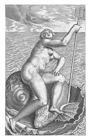 Foto de Ninfa del agua Galatea, Philips Galle, 1587 La ninfa del agua Galatea, sentada en una concha. La impresión es parte de una serie de diecisiete partes sobre las ninfas de arroyo y agua. - Imagen libre de derechos