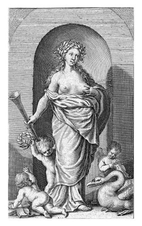 Muse Clio stands with her trumpet and a wreath on her head in front of a niche with a title on the arch. Milk sprays from her breast as a symbol of the poet's inspiration
