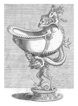 Nautilus goblet, resting on the back of a satyr, Balthazar van den Bos, after Cornelis Floris (II), 1548 The satyr carries two fish under his arms.