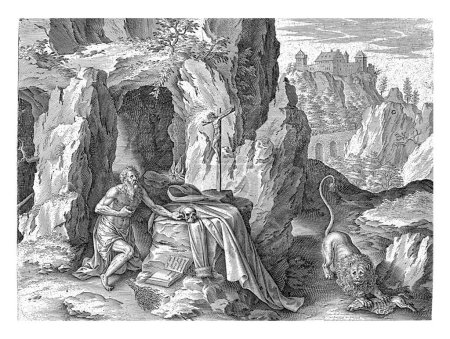 Foto de San Jerónimo como penitente en el desierto, Antonie Wierix (II), después de Tiziano, 1565 - 1604 San Jerónimo se arrodilla ante un crucifijo en el desierto. Él sostiene una piedra en su mano. - Imagen libre de derechos