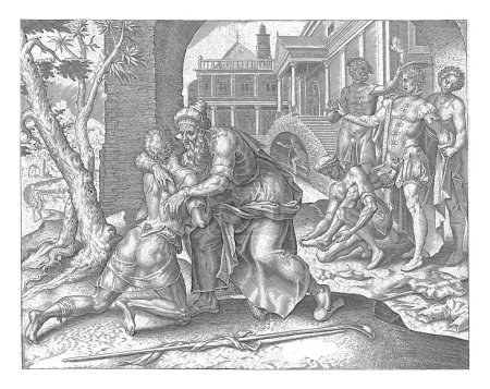 Téléchargez les photos : Le retour du fils prodigue, Philips Galle, d'après Maarten van Heemskerck, vers 1596 - vers 1633 Le fils prodigue rentre chez lui et est accueilli à bras ouverts par son père. - en image libre de droit