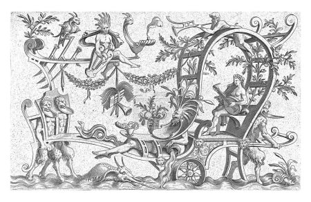 Carruaje triunfal en el que una mujer con laúd, anónimo, después de Cornelis Bos, 1550. El carro es propulsado por tres sátiros con barbilla en forma de platillo.