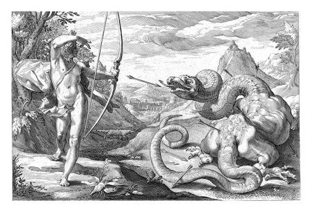 Apollo tötet die Riesenschlange Python (hier eher wie ein Drache mit Beinen) mit vielen Pfeilen. Unter der Aufführung zwei Zeilen lateinischen Textes.