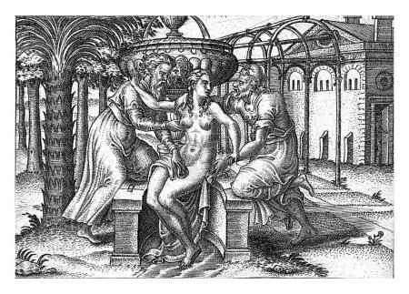 Foto de Susana y los ancianos, Abraham de Bruyn, 1570 Susana es asaltada por dos ancianos mientras se bañan. Intenta detenerlos. La impresión tiene un título en latín. - Imagen libre de derechos