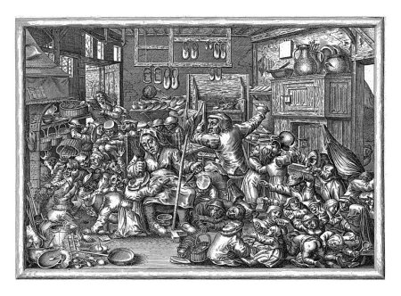 Téléchargez les photos : Le cordonnier et le fileur comme maîtres d'école, Pieter de Bailliu (I), d'après Pieter van der Borcht (I), d'après Pieter Brueghel, 1623-1660 cordonnier travailleur et sa femme avec de nombreux enfants. - en image libre de droit