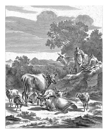 Foto de Pastor y pastora con un cubo, Jan de Visscher, después de Nicolaes Pietersz. Berchem, 1650 - 1701 Paisaje con un pastor y una pastora con un cubo entre las vacas y las ovejas. - Imagen libre de derechos
