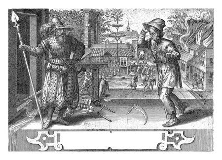 Foto de Un soldado y un campesino, Harmen Jansz Muller, después de Willem Thibaut, 1578 - 1587 A la izquierda un soldado con un sombrero con una pluma en la cabeza y una lanza en la mano. - Imagen libre de derechos