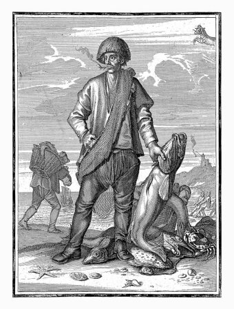 Téléchargez les photos : Mars, Caspar Luyken, 1698 - 1702 Le mois de mars. Un pêcheur avec ses prises, qui comprend plusieurs types de poissons et un crabe. - en image libre de droit