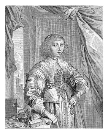 Photo for Portrait of Anna Maria van Schurman, Theodor Matham, 1640 - 1676 Portrait of the poet and printmaker Anna Maria van Schurman, standing by a table in a room. - Royalty Free Image