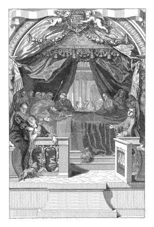 Téléchargez les photos : Charles II, roi d'Espagne, est au lit, sur le point de mourir. Un prêtre lui montre un crucifix. Les membres de la cour sont debout autour du lit. - en image libre de droit