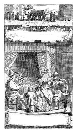 Foto de Una mujer en su lecho de muerte, rodeada de tres figuras y dos hijos. En la parte inferior una banda con la huella, en la parte superior el título y un cartucho. - Imagen libre de derechos