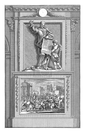 Foto de Apóstol Timoteo, Jan Luyken, después de Jan Goeree, 1698 El Apóstol Timoteo sostiene una hoja desenrollada de texto que está siendo estudiada por un ángel. - Imagen libre de derechos