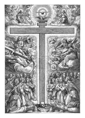 Foto de En el centro está la cruz en la que Cristo murió. A la izquierda y derecha de la cruz ángeles con las herramientas de la pasión en sus manos. En el fondo de la cruz ángeles afligidos. - Imagen libre de derechos