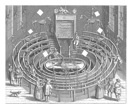 Photo for Anatomical Theater of the University of Leiden. Several spectators are present at the anatomy lesson. Skeletons of people and animals hang in the room. - Royalty Free Image