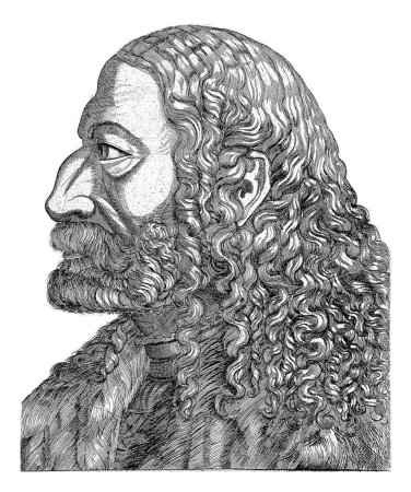 Foto de Retrato y perfil de Albrecht Durer. En la parte inferior una nota con un texto de cinco líneas en latín. - Imagen libre de derechos