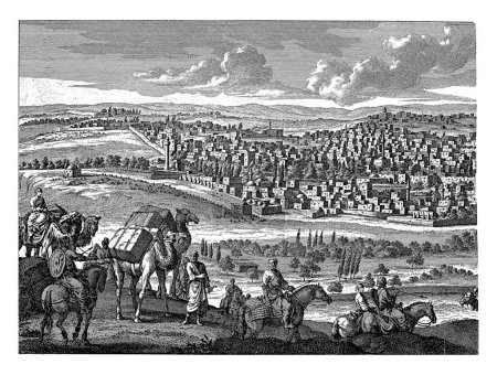 View of Aleppo (left plate), Jan Luyken, after Cornelis de Bruyn, 1698, vintage engraved.