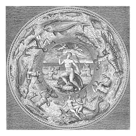 Untertasse mit Meeresgöttin (Galathea? ), Adriaen Collaert, 1580 - 1618 In der unteren Mitte schwimmt ein großer Fisch mit einem Mann und einer Frau auf dem Rücken. Auf dem Rücken des Fisches links ist ein Kind mit einem Bogen