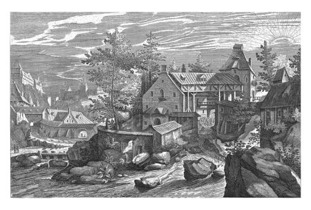 Téléchargez les photos : Automne, un paysage avec un village sur une rivière, Hendrick Hondius (I), d'après Petrus Stephanus, d'après Monogrammist SCM (XVIIe siècle), 1601 Un village sur une rivière avec une construction avec un moulin à eau - en image libre de droit