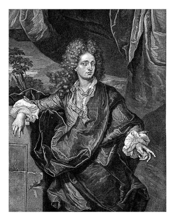 Self-portrait of Pieter Schenk, Pieter Schenk (I), after Hyacinthe Rigaud, 1680 - 1713 The printmaker and publisher Pieter Schenk stands in front of a drapery. In the background a landscape.