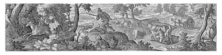 Foto de Algunos cazadores persiguen a un ciervo y lo cazan con la ayuda de perros. En el fondo, los ciervos son cazados con armas. La impresión tiene un título en latín y forma parte de una serie de 54 grabados. - Imagen libre de derechos
