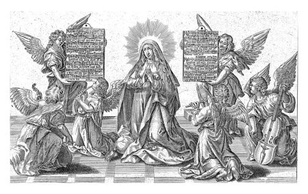 Foto de María con ángeles de la música, Joan Huberti, después de Johann Sadeler, después de Maerten de Vos, 1626 - 1657 María arrodillada entre seis ángeles de la música, dos de los cuales están sosteniendo tabletas con partituras. - Imagen libre de derechos