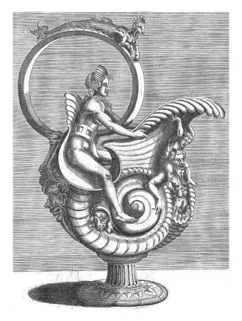 Téléchargez les photos : Cruche en forme de coquille d'escargot, dans l'oreille est une femme, Balthazar van den Bos, d'après Cornelis Floris (II), 1548 Le bec est tenu par un enfant assis sur les épaules d'un homme appuyé contre. - en image libre de droit