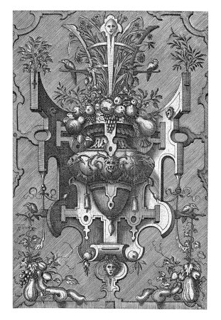 Photo for The belly of the vase is decorated with mascarons and leaf vines. Shaded background. Belongs to a series of 14 sheets of cartouches with scrolls, grotesques, trophies and friezes. The title page is missing. - Royalty Free Image
