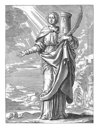 Foto de Santa Bárbara, Theodoor Galle, después de David Teniers, 1581 - 1633 Santa Bárbara de Nicomedia. Lleva en sus manos una rama de palma y una pequeña torre (símbolo de la torre en la que estaba encerrada)). - Imagen libre de derechos