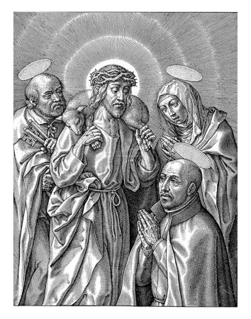 Photo for Ignatius of Loyola kneels with folded hands before Christ carrying a lamb on his back. Christ is flanked by Peter and Mary. - Royalty Free Image