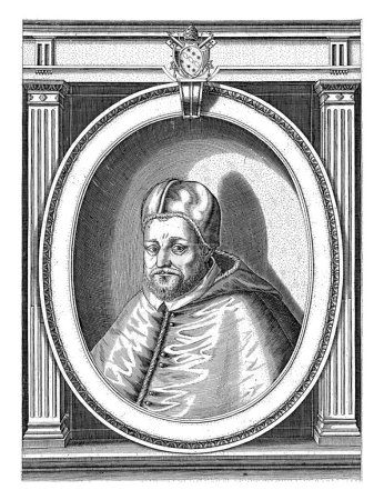 Porträt von Papst Klemens VIII. im päpstlichen Gewand, mit einer Camauro auf dem Kopf. Büste nach links in ovalem Rahmen mit Randschrift.