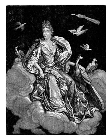 El elemento del aire. La diosa Iris se sienta en las nubes con un pavo real. Las aves vuelan a su alrededor.