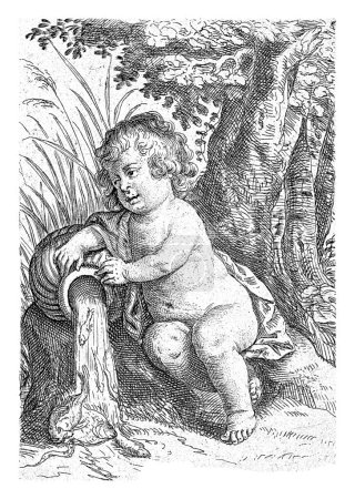 Téléchargez les photos : Un garçon nu se penche contre un arbre et vide un pichet d'eau et de poisson. Tirage d'une série de quatre estampes représentant les quatre éléments. - en image libre de droit