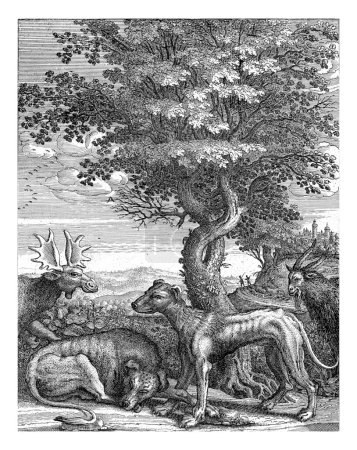 Allegorische Landschaft mit im Vordergrund, vor einem großen Baum, einem liegenden und einem stehenden Hund. Rechts eine Ziege und links der Kopf eines Elches. Rollende Landschaft mit zwei Figuren