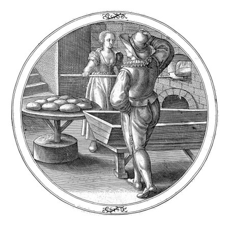Photo for A woman bakes loaves of bread and a man makes her an amorous proposal, anonymous, 1550 - 1610 A woman bakes loaves of bread in an oven. A man makes her an amorous proposal. - Royalty Free Image
