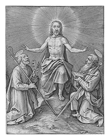 Resurrected Christ with Peter and Paul, Hieronymus Wierix, 1563 - 1619. Peter and Paul kneel in adoration before the risen Christ. He blesses them, sitting on a knoll.