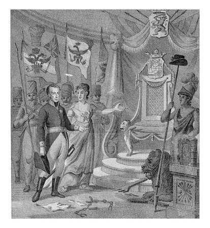 Téléchargez les photos : Allégorie de l'investiture du prince Willem Frederik comme souverain monarque, le 30 mars 1814. La Vierge hollandaise conduit le prince sur son trône. - en image libre de droit